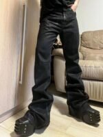 Dark Brush Wax Coated Pure Black High Elastic Ribbon Jeans - Image 5