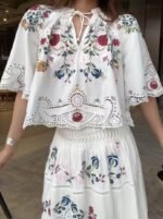 Embroidered Floral Hollow Out Tied Loose Round Neck Puff Sleeve Top - Image 6