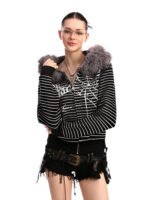 Women's Striped Spider Web Big Fur Collar Sweater - Image 2
