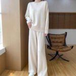 Australian Wool Round Neck Loose Western Style Sweater Straight-leg Pants Thickened Knitting Suit - Image 3