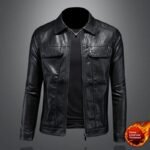 Men's Lapel Biker's Leather Jacket Slim Fit - Image 6