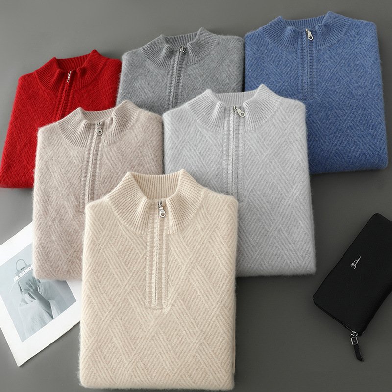 fdf3cbb9-ce10-492c-b11c-9f6344d9af8c-1.jpg Half Turtleneck Zipper Design Pure Wool Knit Bottoming Shirt - Image 1